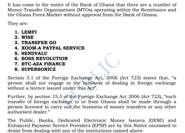  Bank of Ghana releases list of unapproved money transfer organizations